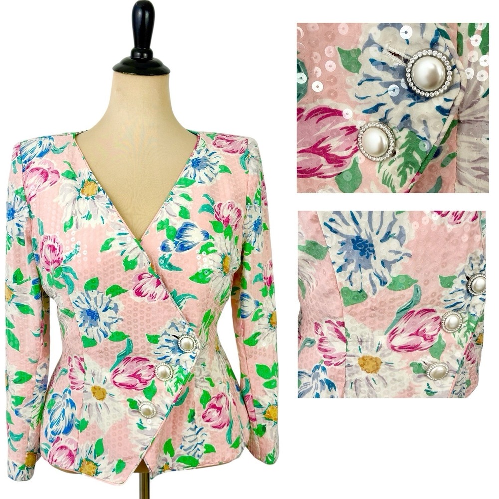 RICKIE FREEMAN Teri Jon Silk Floral Sequin JACKET 12 Pink Daisy Statement Pastel